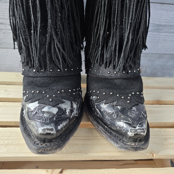 Dan Post Mid Calf Suede Leather Fringe Western Black Boots Size 6 - Picture 6 of 16